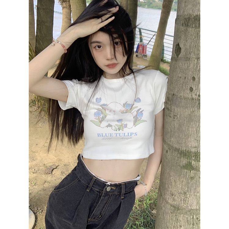 ☼#COD Suhao Pure Desired Sweet Hot Girl Slim Fit Ketat Lengan Pendek T-shirt Wanita Musim Panas 2023 Versi Korea Baru Putih Dicetak Atasan Pendek