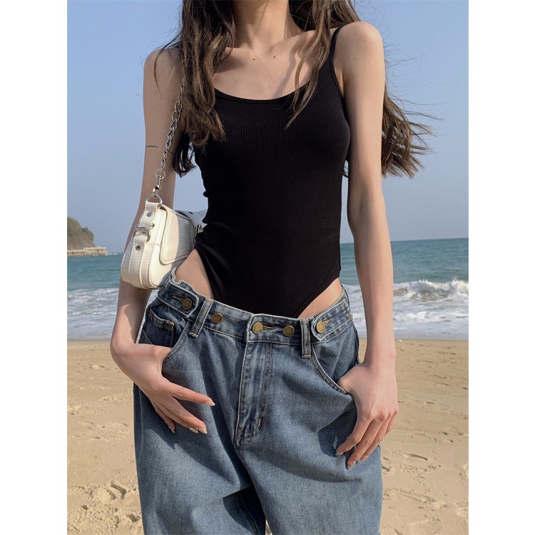 ▲◊#COD Suhao hitam backless tanpa lengan one-piece T-shirt perempuan musim panas hot girl sexy inner membangun slimming vest top bottoming shirt