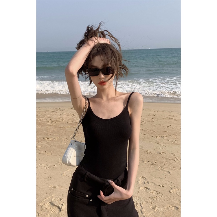 ▲◊#COD Suhao hitam backless tanpa lengan one-piece T-shirt perempuan musim panas hot girl sexy inner membangun slimming vest top bottoming shirt