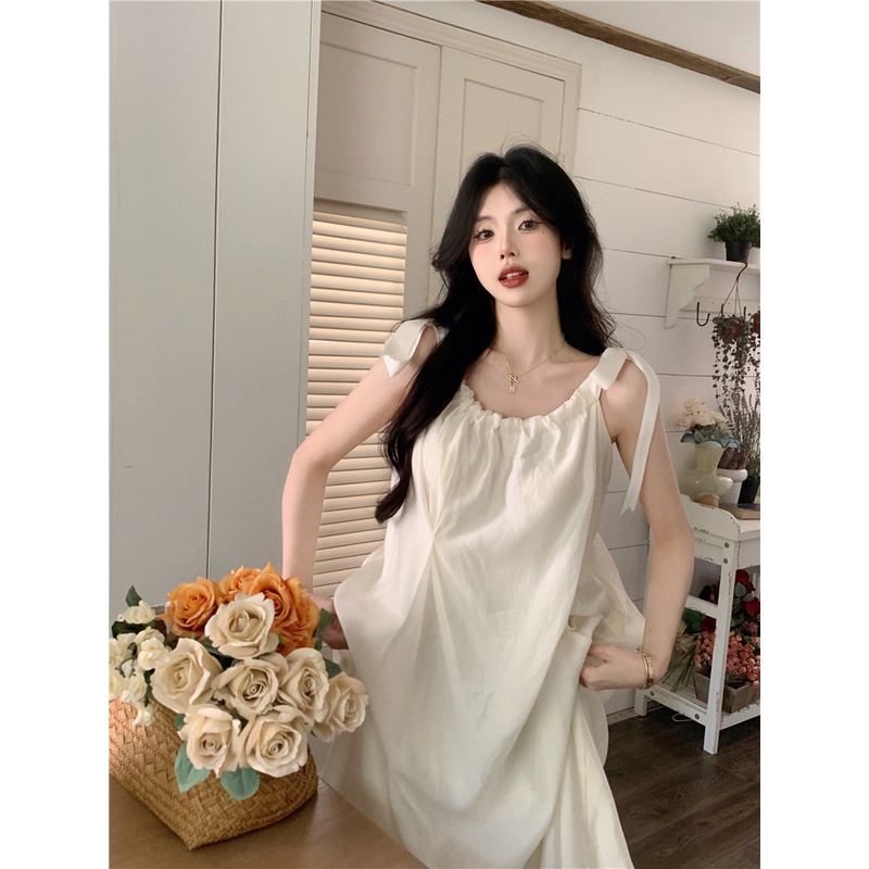 ◑Gaun sifon tanpa lengan yang manis dan lembut peri musim panas rok angin malas temperamen tepi pantai rok panjang sedang kelas atas