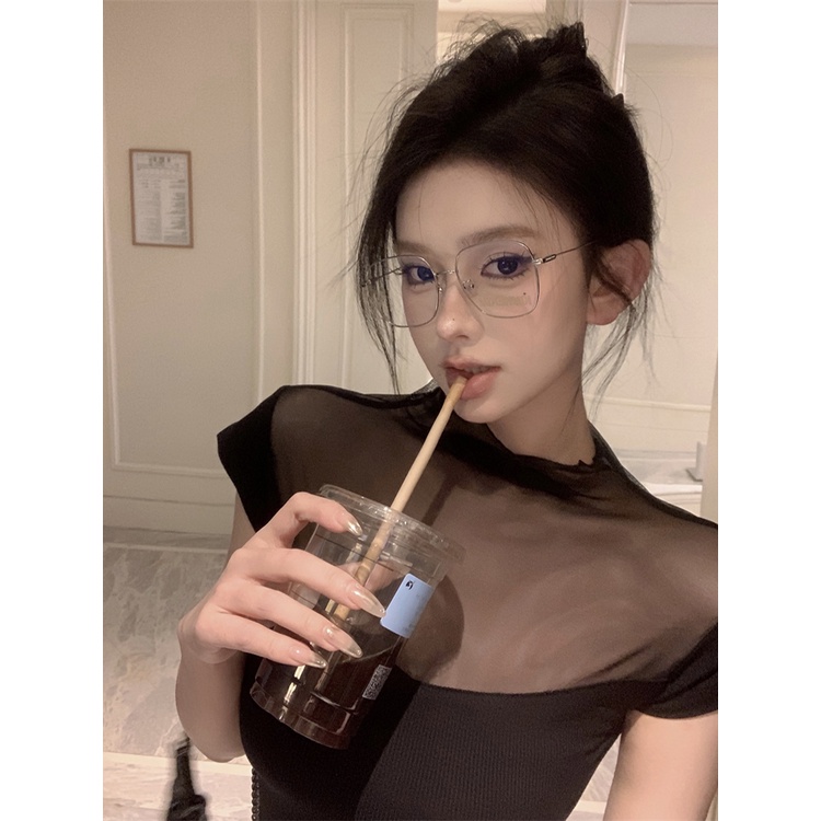 ✑☋☏#COD Suhao Pure Desire Angin Hitam Lengan Pendek T-shirt Wanita Musim Panas Hot Girl Mesh Jahitan Slim Fit Pendek Top bottoming Shirt