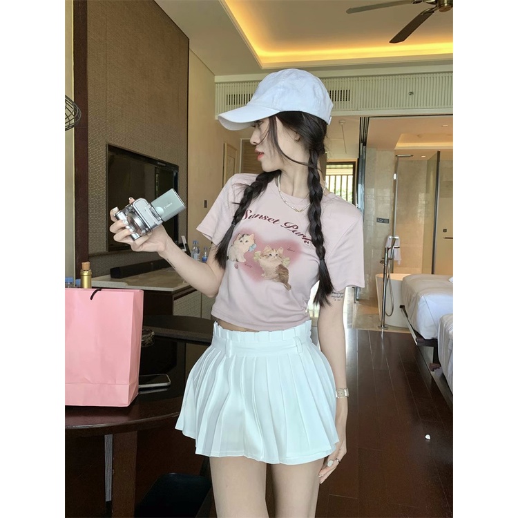 ☬▬✔#COD Suhao Hot Girl Cat Print Lengan Pendek T-shirt Wanita Musim Panas 2023 Baru Murni Keinginan Tinggi Pinggang Slim Kecil atasan Pendek