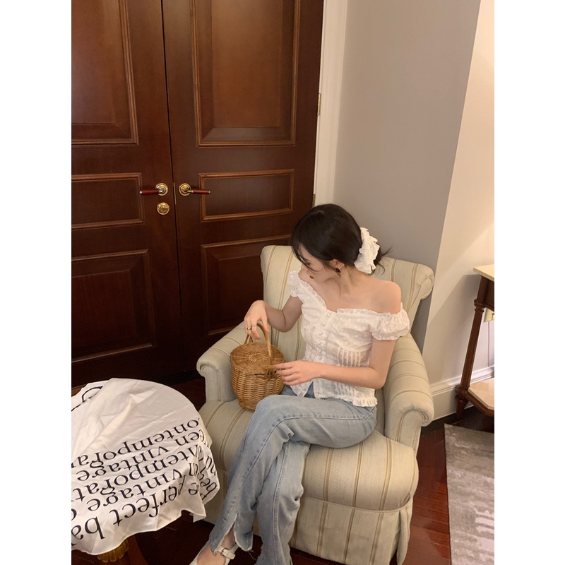 ℗△✠#COD Suhao manis hot gadis renda renda lengan pendek T-shirt wanita musim panas keinginan murni angin tulang selangka one-shoulder seksi slim-fit top