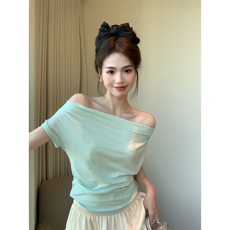 ▬✼❡#COD Suhao Pure Desire Wind One-Shoulder Lengan Pendek T-shirt Wanita Musim Panas Lembut Tulang Selangka Seksi Longgar Temperamen Desain Niche Top