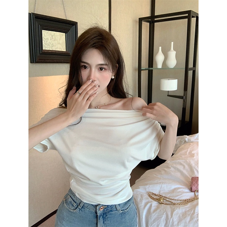 ▬✼❡#COD Suhao Pure Desire Wind One-Shoulder Lengan Pendek T-shirt Wanita Musim Panas Lembut Tulang Selangka Seksi Longgar Temperamen Desain Niche Top