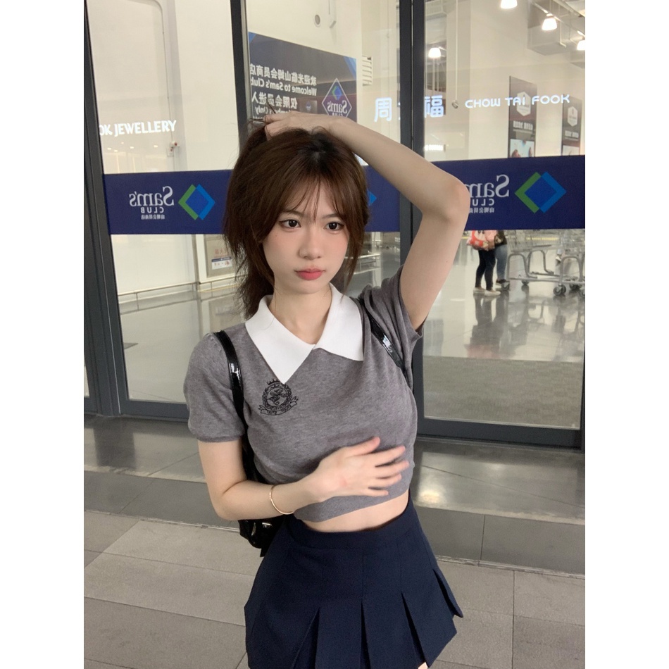 ✔✑#COD Suhao Sweet Hot Girl Rajutan Lengan Pendek T-shirt Wanita Musim Panas 2023 Baru Slim Fit dan Tipis Desain Pendek Niche Top