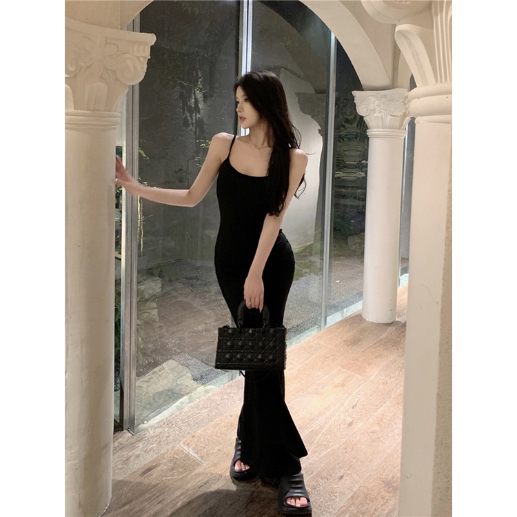 ◐▥Gaya Keinginan Murni Seksi Rajutan Suspender Gaun Wanita Musim Panas Tanpa Lengan Pinggang Pelangsing Rok Fishtail Tas Pinggul Rok Panjang