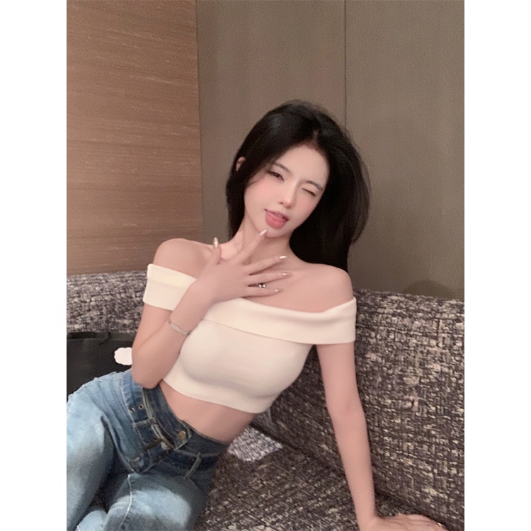 ❣☬✟#COD Suhao White one-shoulder lengan pendek T-shirt wanita musim panas gaya keinginan murni hot girl temperamen ketat desain pendek niche top
