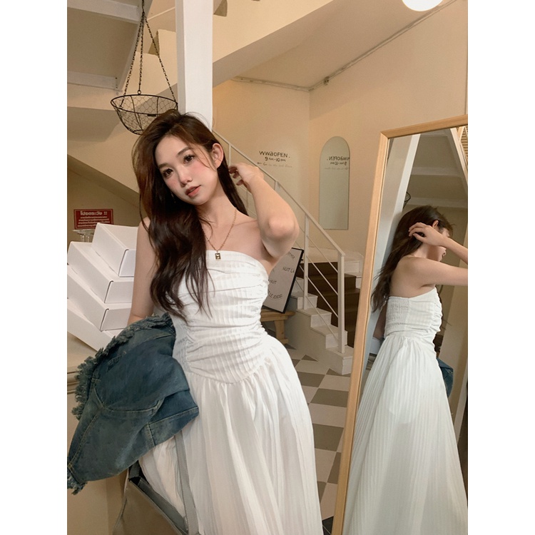 ∏△#COD Suhao French tube top dress ulang tahun musim panas wanita rok panjang high-end putih panas gadis pinggang pinggang temperamen rok a-line