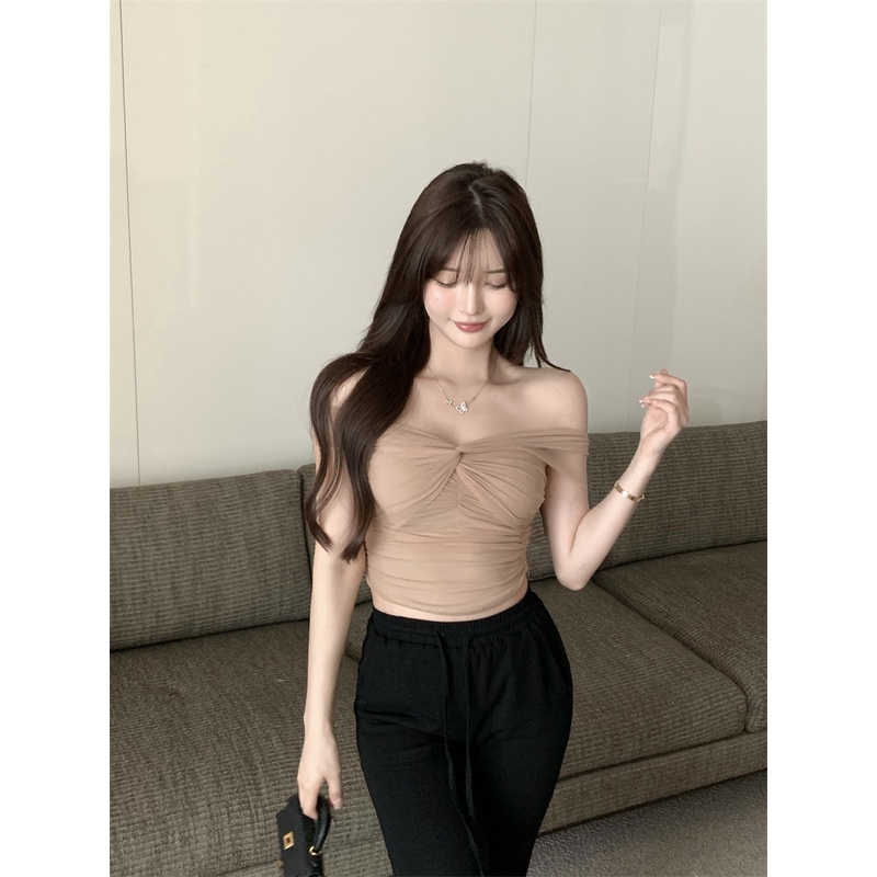 ♀▫✉#COD Suhao One-Shoulder Mesh T-shirt Wanita Musim Panas Keinginan Murni Gadis Panas Lengan Pendek Seksi Ketat Desain Rasa Niche Bottoming Shirt Top