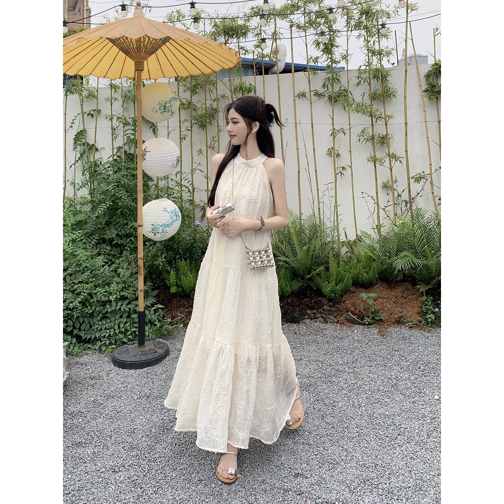 ¤✽#COD Suhao Perancis romantis high-end halter leher gaun perempuan musim panas putih pinggang chiffon rok panjang angin liburan pantai rok