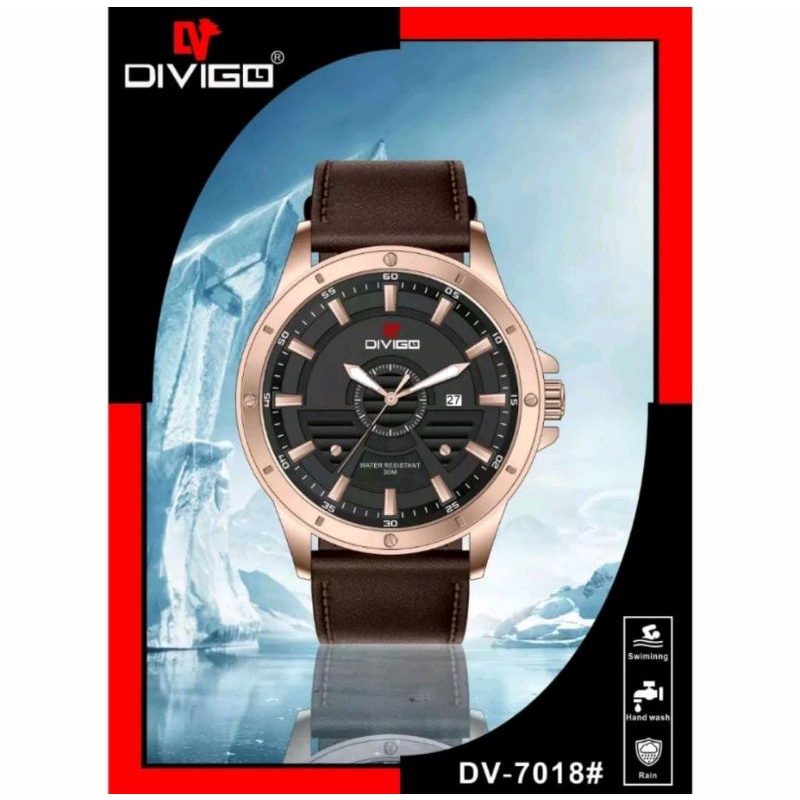 Jam Tangan Dv 7018 Original Divigo Watch's Kulit Leather Pria Tanggal Aktif