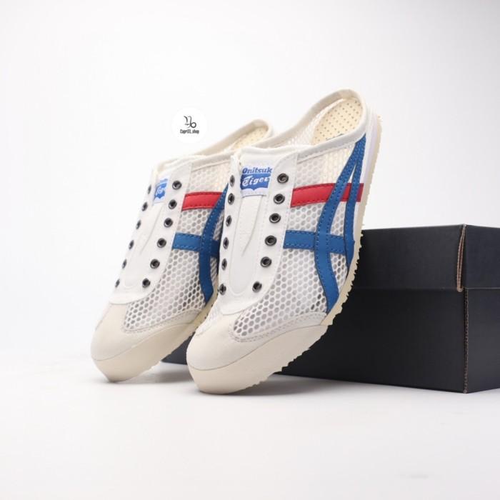 Terlaris Sepatu Sandal Onitsuka Tiger White Blue Red Free Kaos Kaki