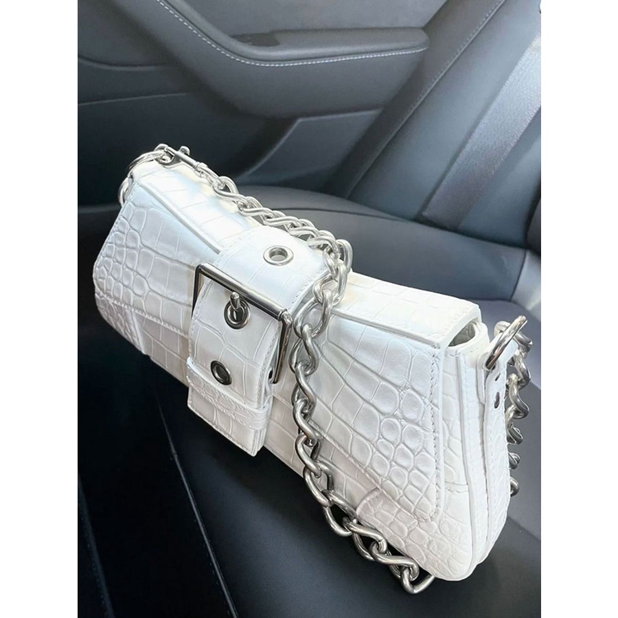 Red Tas wanita 2023 baru hot girl warna solid desain ceruk rantai portabel tas ketiak pola buaya French stick Messenger bag