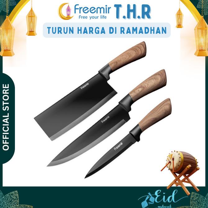 freemir Set Pisau 3 Pcs Pisau Dapur Anti Lengket Gagang Kayu - Hitam