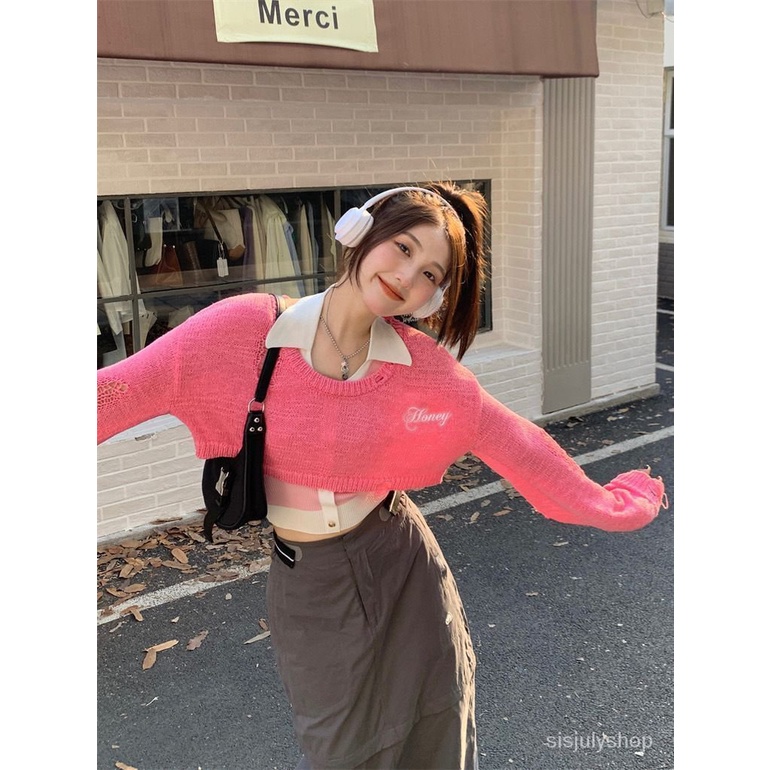 [✅BISA COD] #Sisjuly# Sweater rajutan rajutan lengan panjang berlubang merah muda berongga / pullove