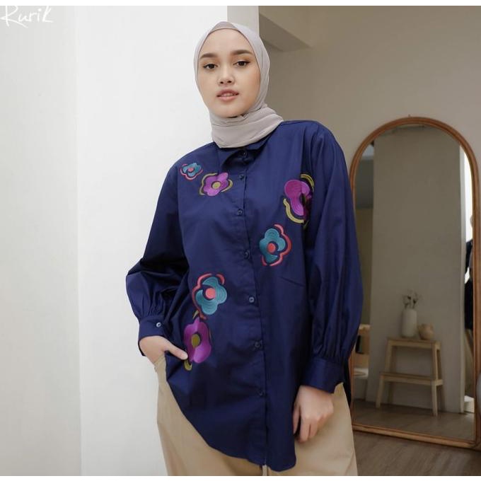 OFFICIAL RURIK FLOWERY EMBROIDERY SHIRT | NAVY / WHITE| RESELLER RURIK