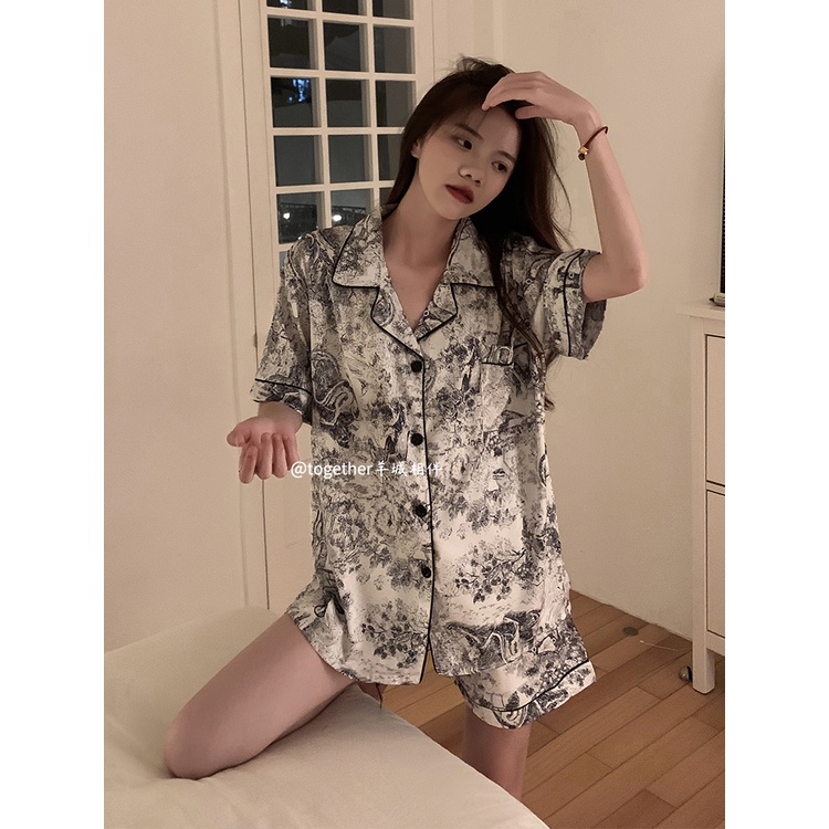 ◊stelan baju tidur wanita Korean pajamas summer women s ins short-sleeved shorts thin section 2022 ice and snow silk high-level ink home service set #COD baju tidur wanita bahan kaos