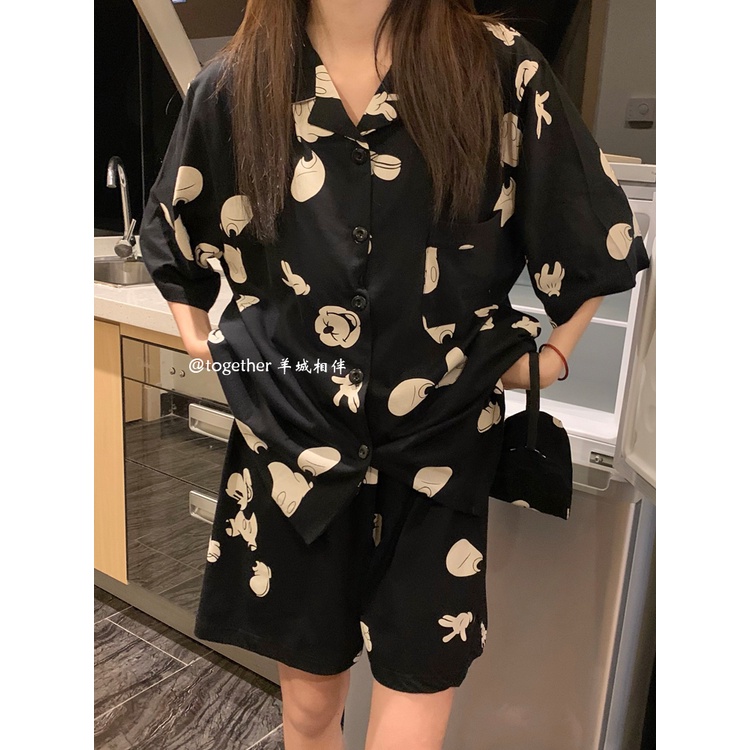 ▤stelan baju tidur wanita ins wind Korean Disney black Mickey pajamas female summer cotton cute short-sleeve thin section home service set #COD baju tidur wanita bahan kaos