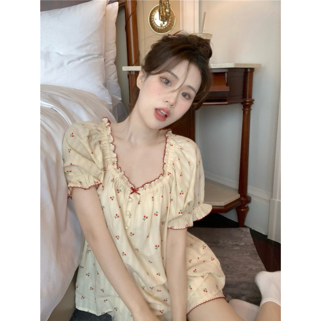 ☁✾stelan baju tidur wanita pajamas women s summer new cotton gauze ins style sweet cherry short-sleeved shorts round neck thin section home service suit #COD baju tidur wanita bahan kaos