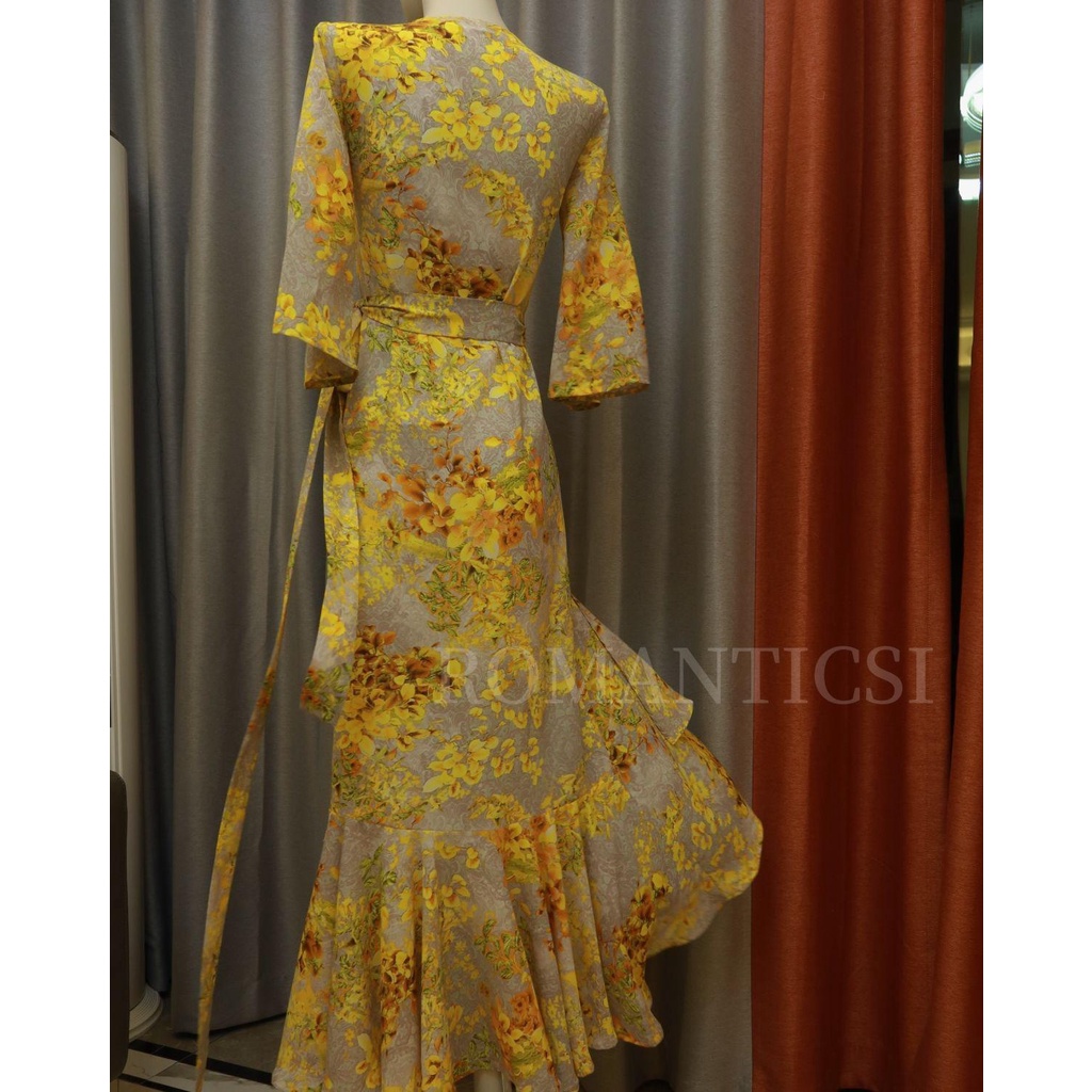 ROMANTICSI Gaun Liburan Musim Panas Motif Bunga Kuning Emas Gaya Perancis midi dress korea dress wan