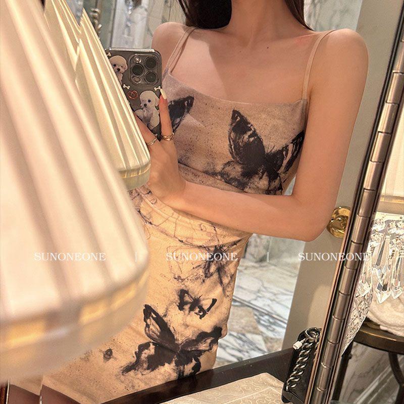 dress floral korea Gaun Kupu-kupu untuk Wanita Musim Panas Tinta Perancis Lukisan Dicetak Pinggang D