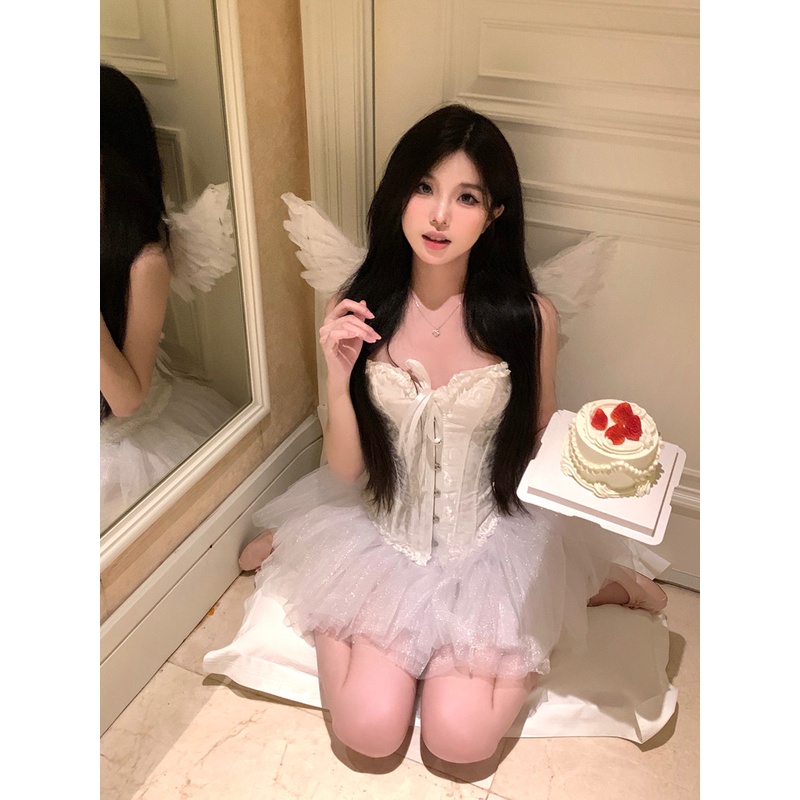 ┇Suhao manis dan keren gadis seksi tulang ikan kamisol bunga kamisol musim panas wanita setelan jala rok rok tutu dua potong set tanaman atasan tank top seksi wanita motif