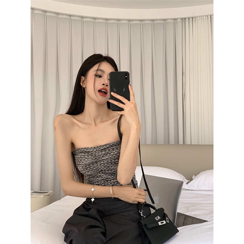 ☑❐Suhao setelan tirai abu-abu celana lebar kaki wanita musim panas longgar dan celana lurus tipis tingkat tinggi kasual mengepel celana crop top seksi tank top motif wanita