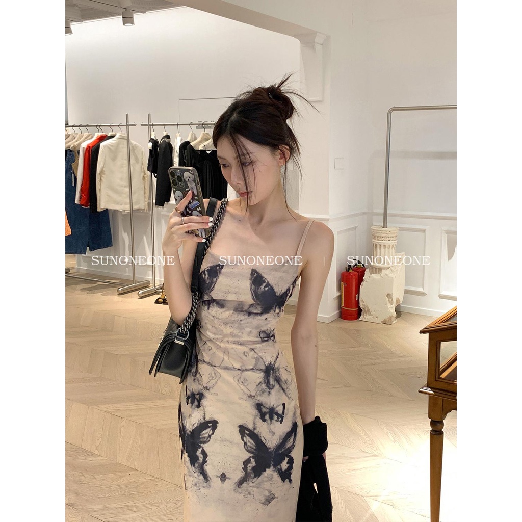 dress floral korea SUNONEONEGaun Ikat Celup Kupu-kupu untuk Wanita, Gaun Pas Badan Pengendali Pingga