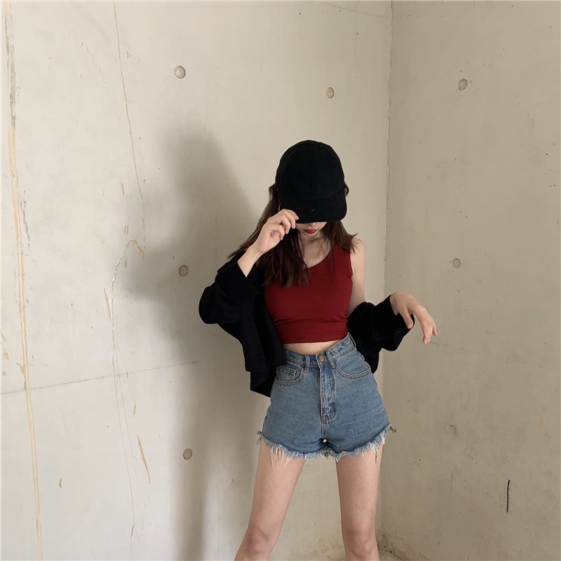 ✣Suhao Pendek Olahraga Inner Bottoming Tanpa Lengan Suspender Top Wanita Musim Panas Hitam Hyuna Mengenakan Crop Top Ketat Seksi Tank Top Wanita motif