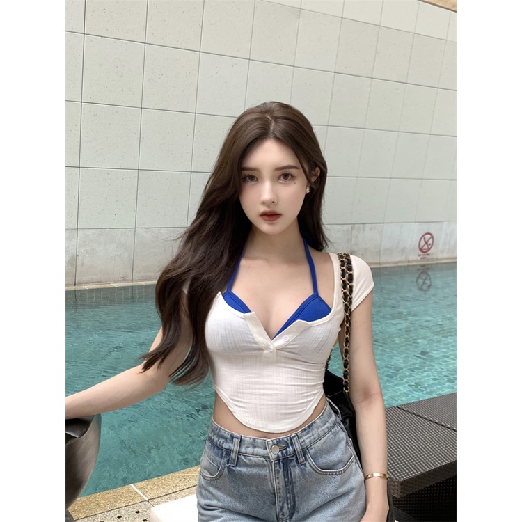 ✥Suhao hot girl u-neck lengan pendek T-shirt wanita musim panas keinginan murni putih ketat seksi tidak teratur slim pendek bottoming shirt crop top sexy tank top wanita motif