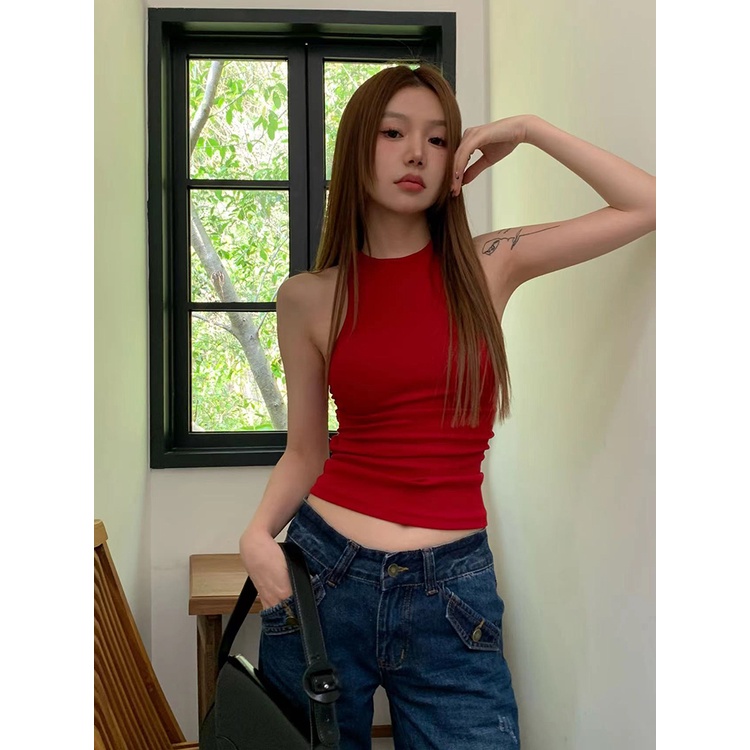 ✹Suhao merah halter leher kamisol wanita musim panas hot gadis buka kembali rasa desain niche inner fit slim top pakaian luar crop top sexy tank top wanita motif