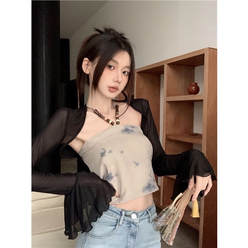 ♣ﺴSuhao baru gaya nasional gaya Cina halter neck kamisol wanita musim panas off-the-shoulder self-budidaya pendek seksi tie-dye inner top top pakaian luar crop top sexy tank top wanita motif