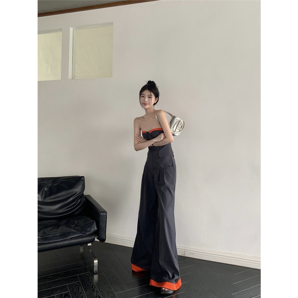 ❣Suhao versi Korea dari retro menggantungkan celana kasual wanita musim panas pinggang tinggi splicing rasa desain ceruk longgar celana lebar kaki celana crop top tank top seksi motif wantita