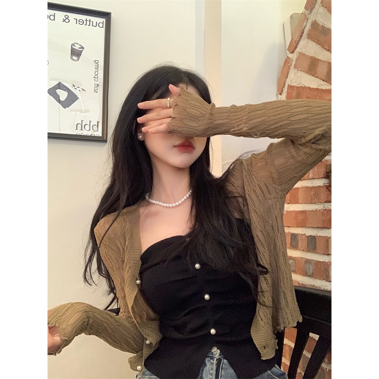 ◄Suhao tipis rajutan cardigan kecil wanita musim panas sisi jamur lembut desain ceruk top slim fit jaket perlindungan matahari pendek crop top sexy tank top wanita motif