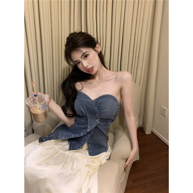 ✶┇Suhao hot girl denim tube top kecil rompi wanita musim panas retro pinggang tidak teratur seksi atasan pendek dibungkus dada crop top sexy tank top wanita motif