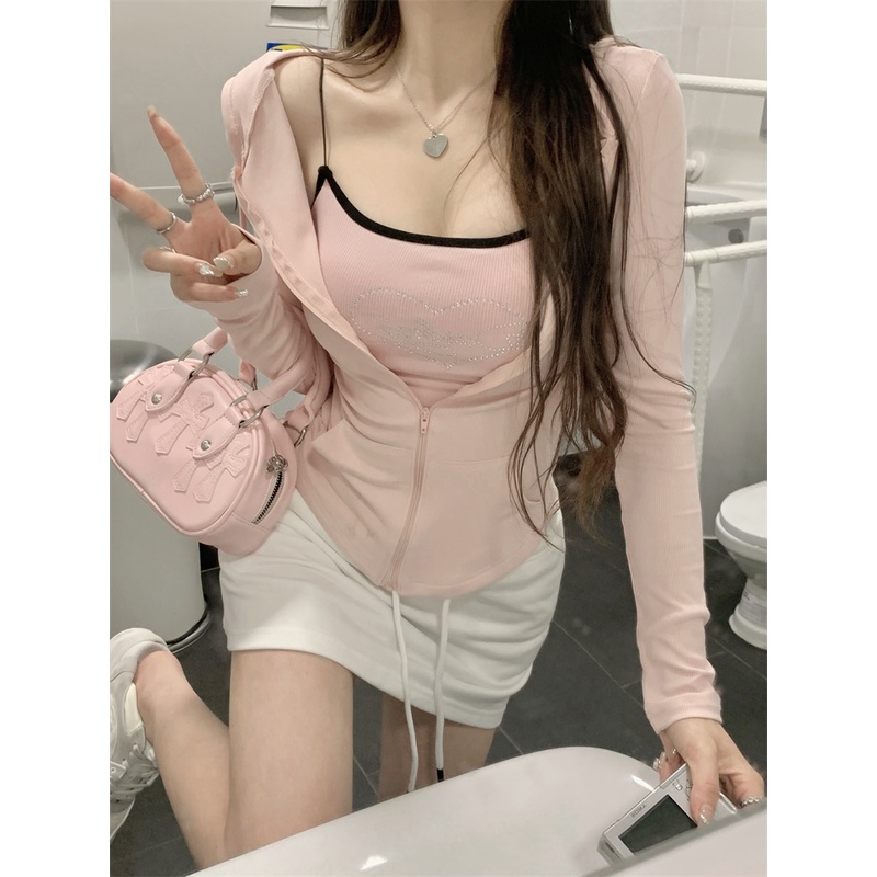 ◄❐۞Suhao hot girl sexy suit pure desire camisole female summer sun protection hooded cardigan bag hip skirt three-piece set crop top sexy tank top wanita motif