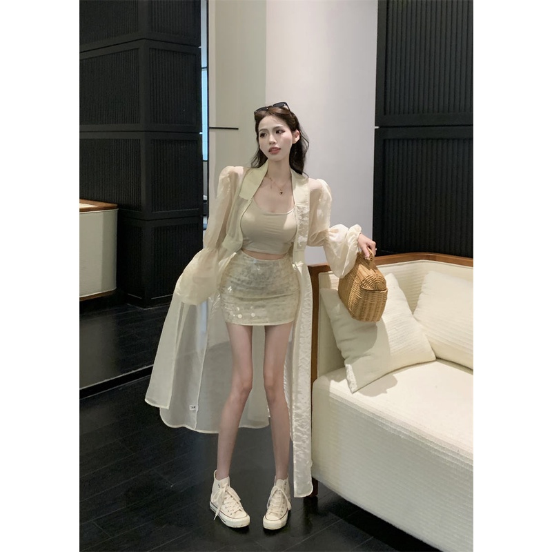 ❃✈Suhao mid-length chiffon tabir surya cardigan setelan perempuan hot gadis kamisol musim panas tas payet pinggul rok setelan jas tiga potong crop top sexy tank top wanita motif