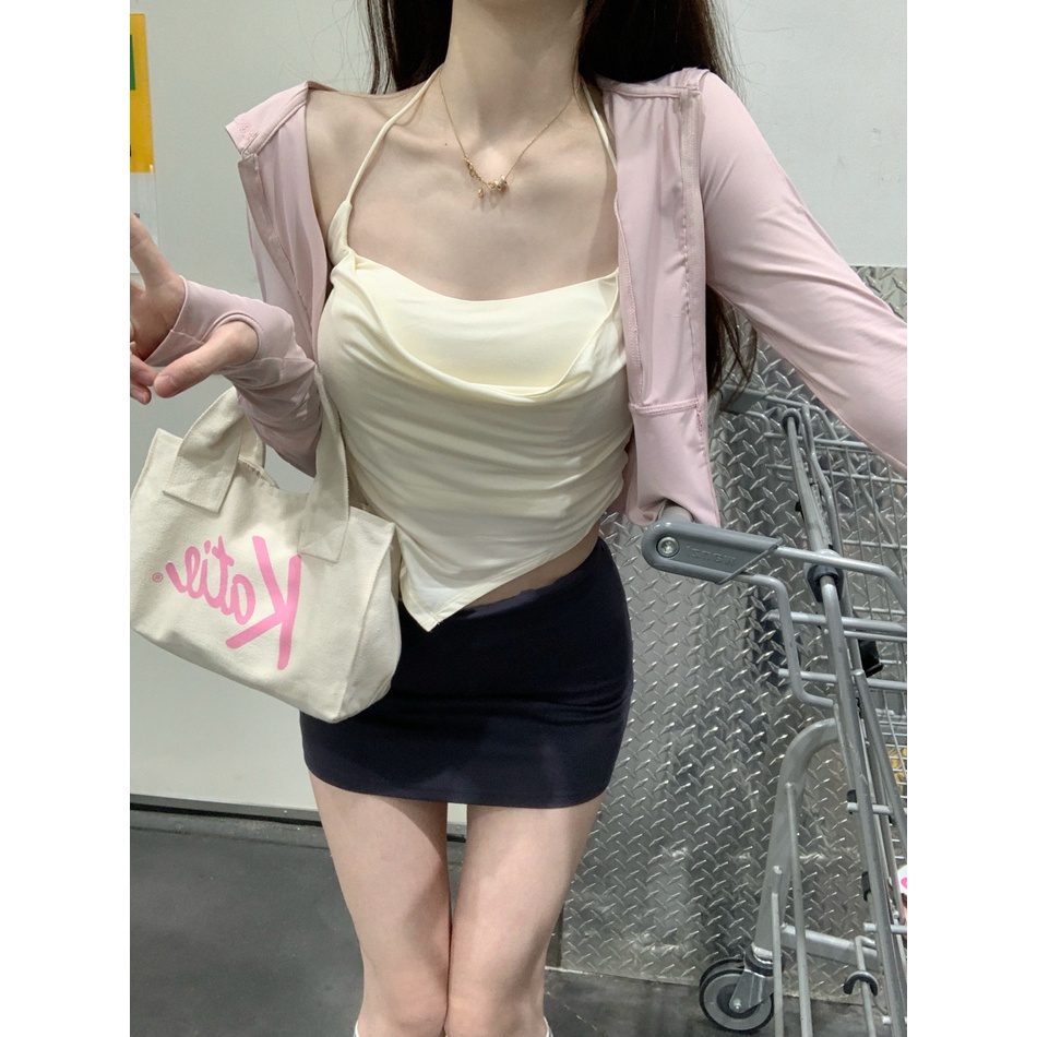 ☎Suhao versi Korea dari es sutra berkerudung jaket tabir surya wanita musim panas 2023 baru zipper slim fit short cardigan top crop top sexy tank top wanita motif