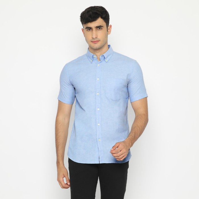 kemeja pria Platini Kemeja Pria Polos Oxford Pendek Light Blue 1069 - S(F3O2) kemeja pria kantor len