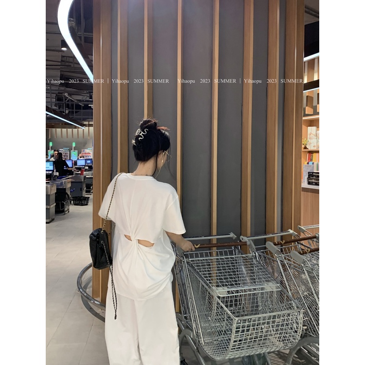 Red kaos Kuning Longgar Cetak Huruf Lengan Pendek T-shirt Wanita Musim Panas Rasa Desain Kembali Hollow Ketegaran Panjang In top