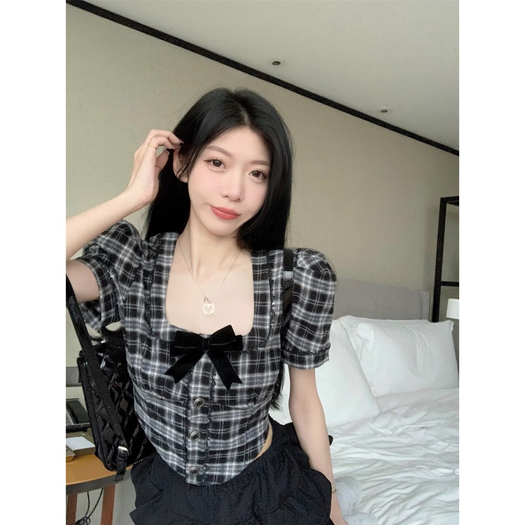 Red Retro kemeja lengan pendek kerah persegi manis setelan keren wanita musim panas kue rok rok rok pendek setelan dua potong kecil