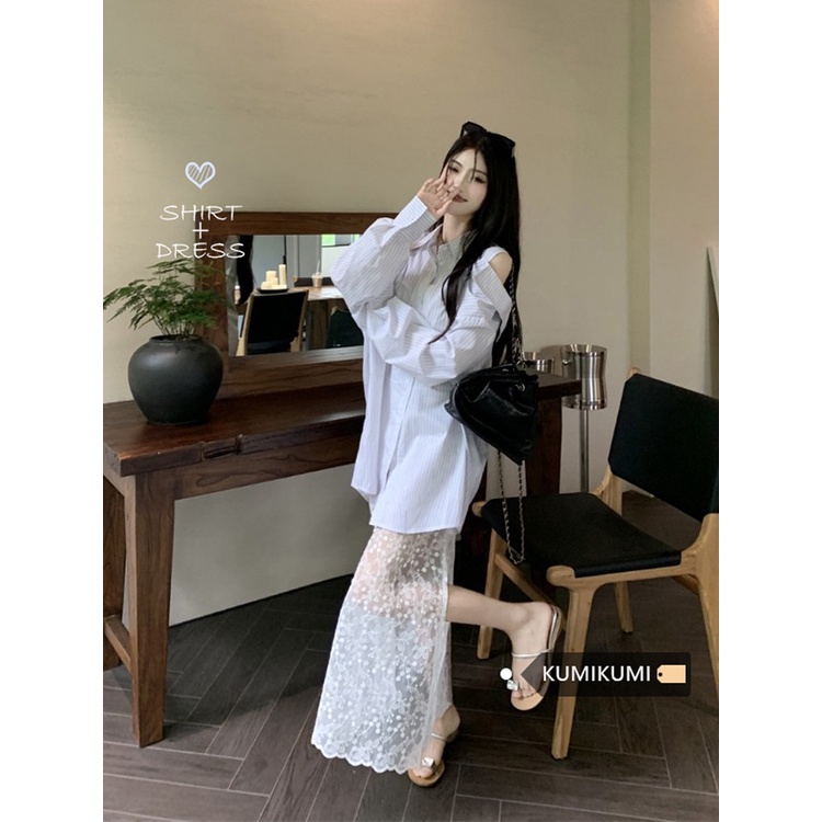 Red Fashion setelan kerah POLO bergaris tanpa tali lengan panjang kemeja wanita musim panas renda gaun dua potong set