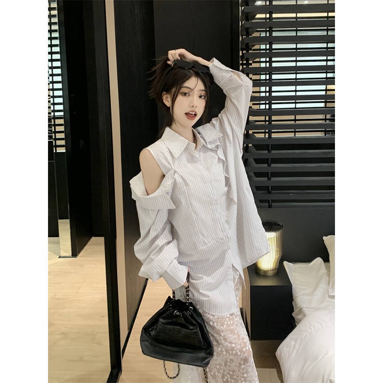 Red Fashion setelan kerah POLO bergaris tanpa tali lengan panjang kemeja wanita musim panas renda gaun dua potong set