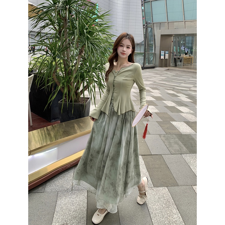 Red Baru Cina Zen Suit Kamisol Wanita Tabir Surya Cardigan Top Musim Panas Pinggang Tinggi Tinta Rok Set Tiga Potong