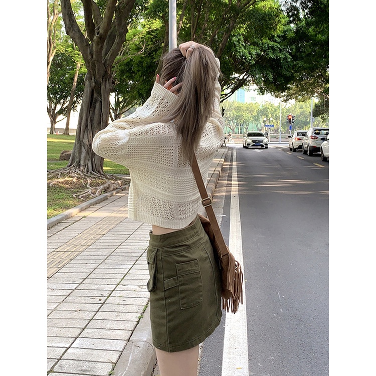 Red Sweet and cool hot girl suit summer hollow knit sweater top women s workwear denim skirt skirt fashion two-piece suit