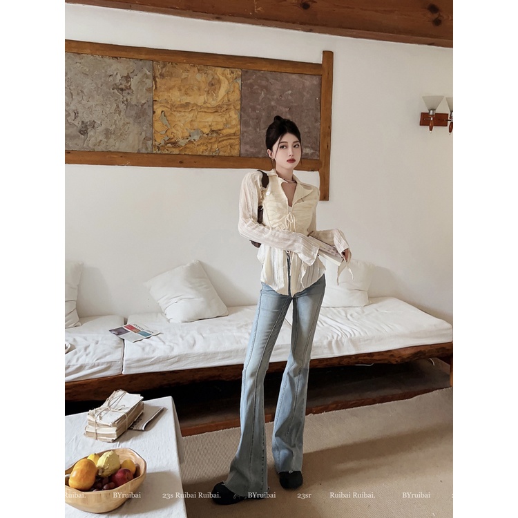 Red Design sense tie shirt women s spring and summer niche wear look thin all-match long-sleeve shirt regular outer top