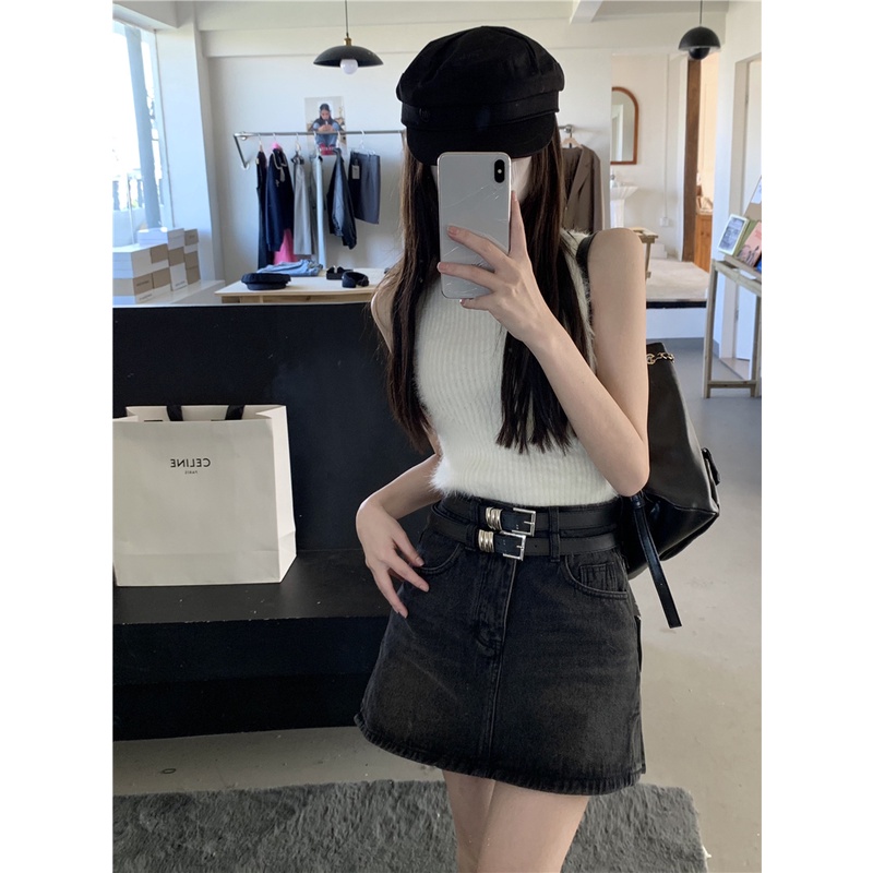 Red Retro Paket Hip Rok Denim Rok Wanita Pinggang Tinggi Pelangsing A-line Rok Musim Panas 2023 Gadis Panas Anti-Light rok