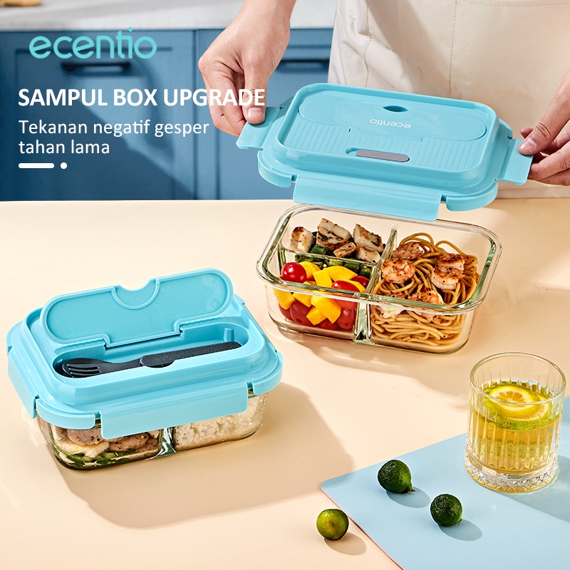 ecentio Kotak Makan set 3 Sekat kaca 1040ml tempat makan anak set Biru langi lunch box anti tumpah Free sendok set