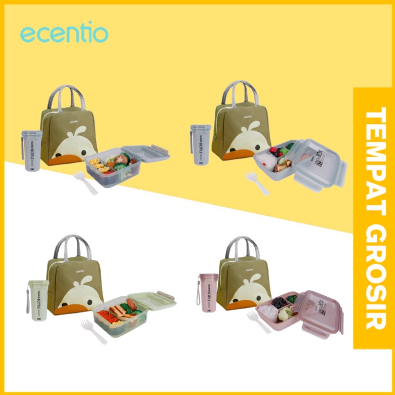 ecentio 4 Grid tempat makan lunch box set anti tumpah/kotak makan portabel/dan botol air minum/tas bekal lunch bag